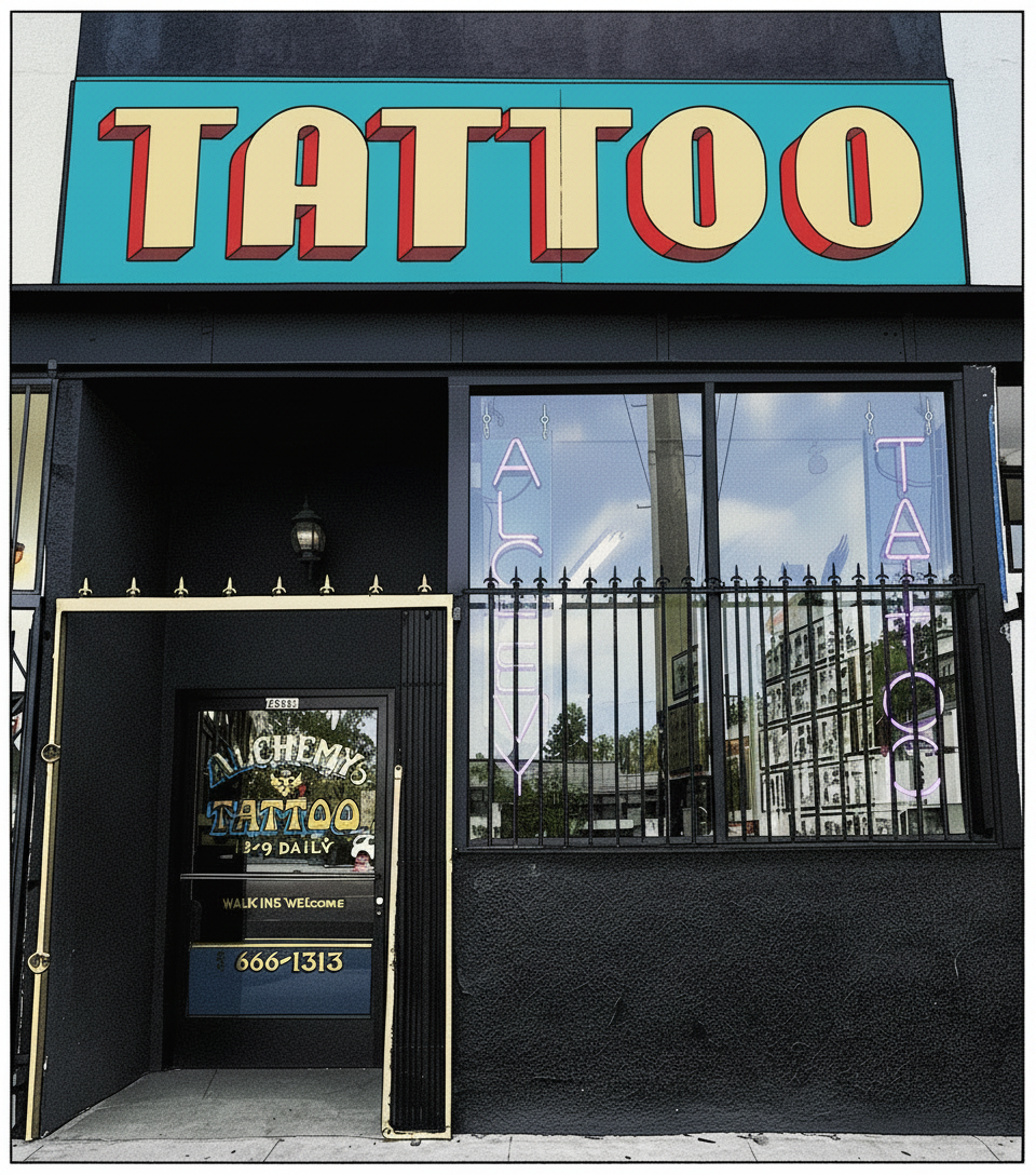The Alchemy Tattoo storefront and its neon TATTOO sign